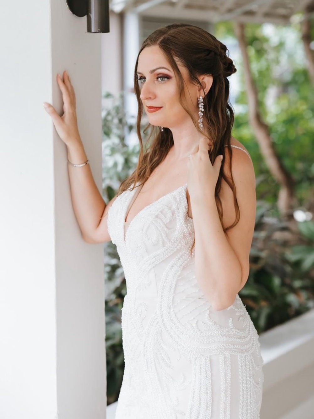 Elegant White Beaded V-Neck Wedding Gown / Dress